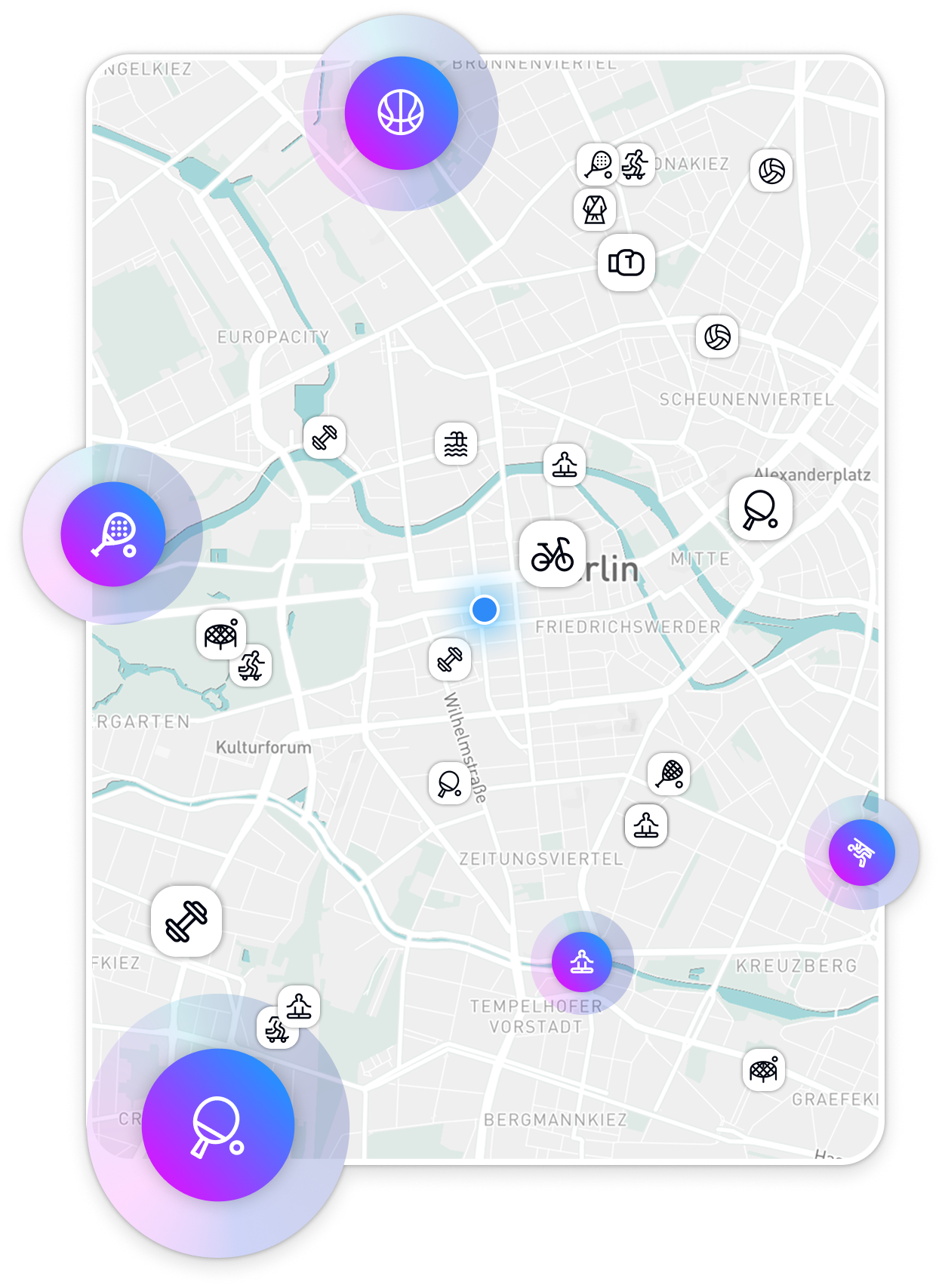Join in map showing live sports sessions and people to play with across Berlin